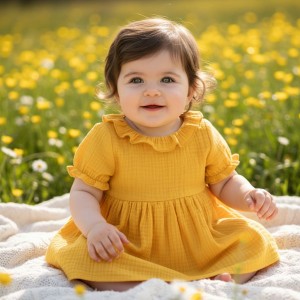 Rochiță galbenă pentru bebe fetițe din bumbac 100%, cu volane și mâneci scurte, 3.4745PV22GA